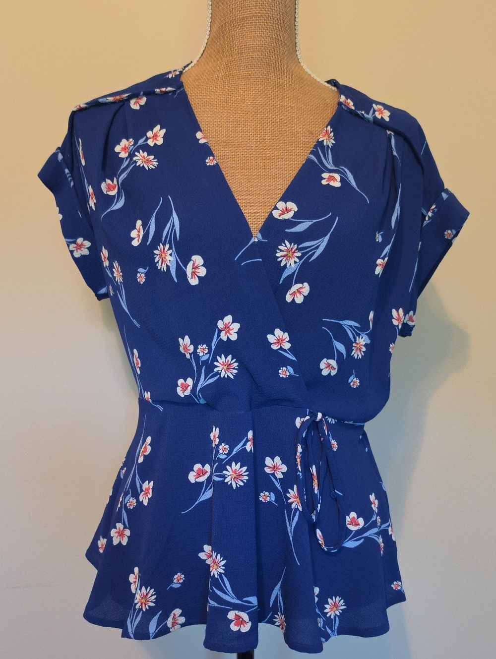 Monteau Royal Blue Floral Wrap Peplum Top